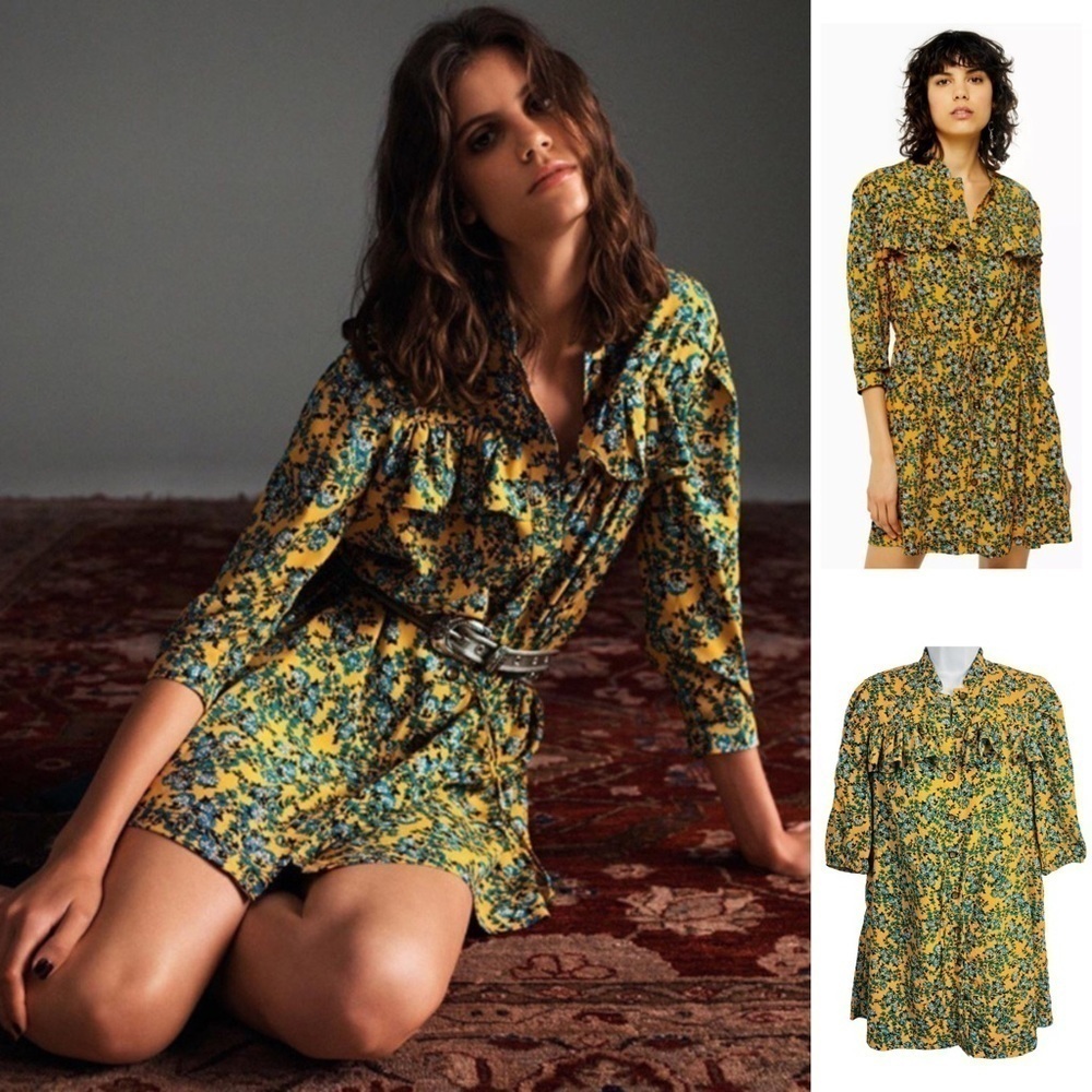 TopShop Women’s 4 Yellow Paisley Ruffle Floral Button Down Boho Mini Shirt Dress